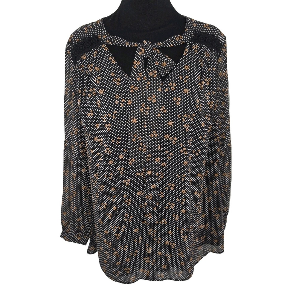 DR2 Women's 1X Tie-Neck Polka Dot & Floral Sheer Long Sleeve Blouse
